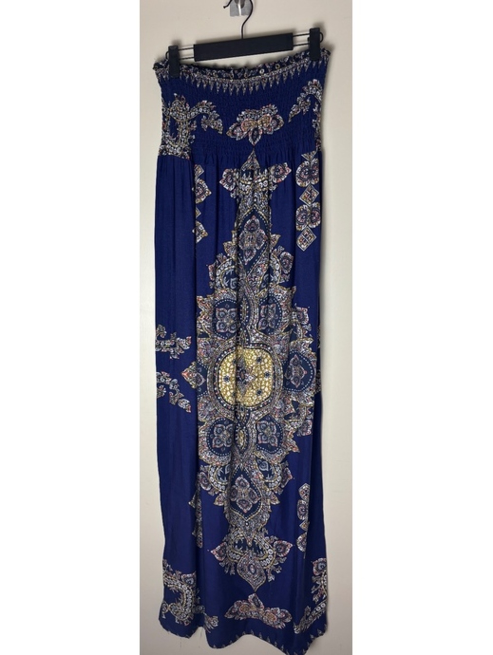 Women’s Blue Paisley Smocked Strapless Maxi Dress Boho Festival